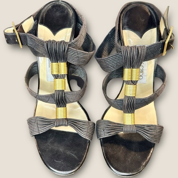 Jimmy Choo Black Waxed Leather ‘Serena’ Brass Hardware Gladiator Heels Size 8.5 - Picture 5 of 16